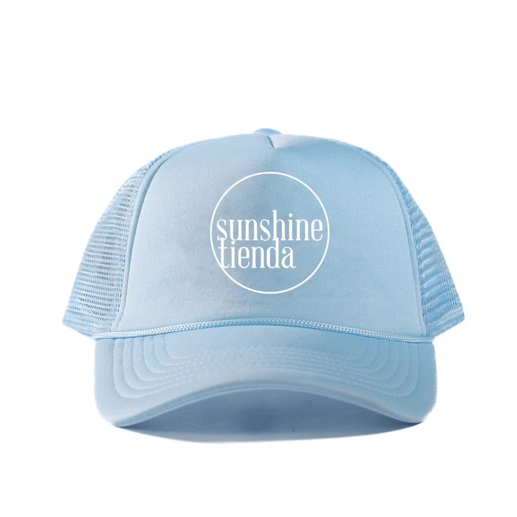 Sunshine Tienda® Sky Blue Sunshine Tienda Trucker Hat Trendy Outdoor Trucker Hat With Curved Bill, Trendy Trucker Hat With Curved Bill For Outdoor, Trendy Light Blue Summer Hat, Light Blue Baseball Cap For Summer, Light Blue Snapback Hat For Summer, Trendy Blue Snapback Hat, One Size Fits Most, Light Blue Snapback Hat, Trendy Light Blue Hat, One Size Fits Most, Trendy 5-panel Trucker Hat For Beach