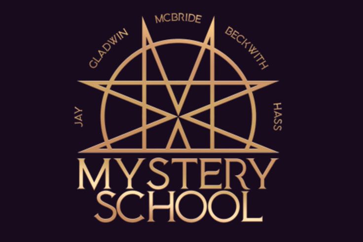 the mystery school logo on a black background