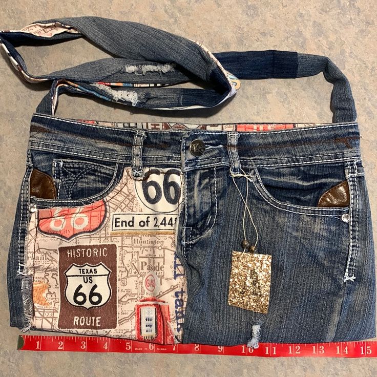 an old pair of jeans has been decorated with patches and sequins, along with a measuring tape