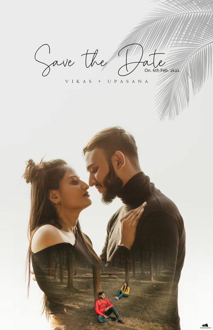 a man and woman standing next to each other with the words save the date on them