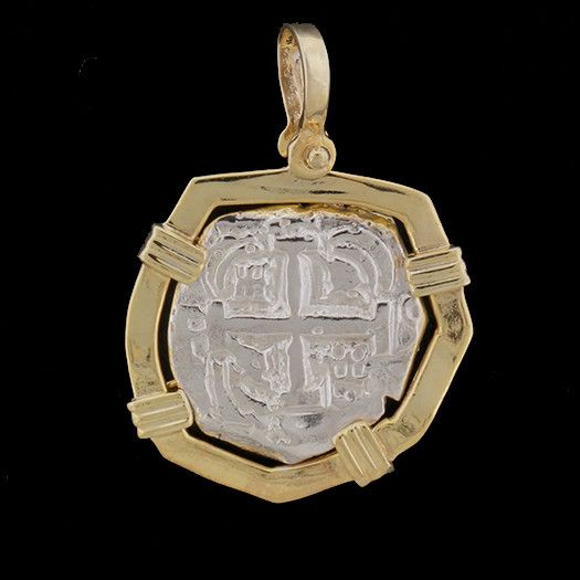 Frame - 14K Gold Overlay Wide Triple Prong Wrap Dimensions - 1" diameter(the pendant is the size of a quarter) Weight - 7.1 grams Now You Can Own a Piece of History! Atocha Silver is More Pure than Sterling Silver! The silver coin was hand cast using a formulated blend of silver ingots recovered from the Sunken Treasure of the Nuestra Senora de Atocha and fine Sterling Silver. The Nuestra Senora de Atocha (Our Lady of Atocha) Spanish Galleon shipwrecked on September 5, 1622, when it struck a ree Gold Coin Pendant, Spanish Galleon, Sunken Treasure, Silver Ingot, Coin Earrings, Weird Shapes, Gold Overlay, Gold Coin, Coin Jewelry