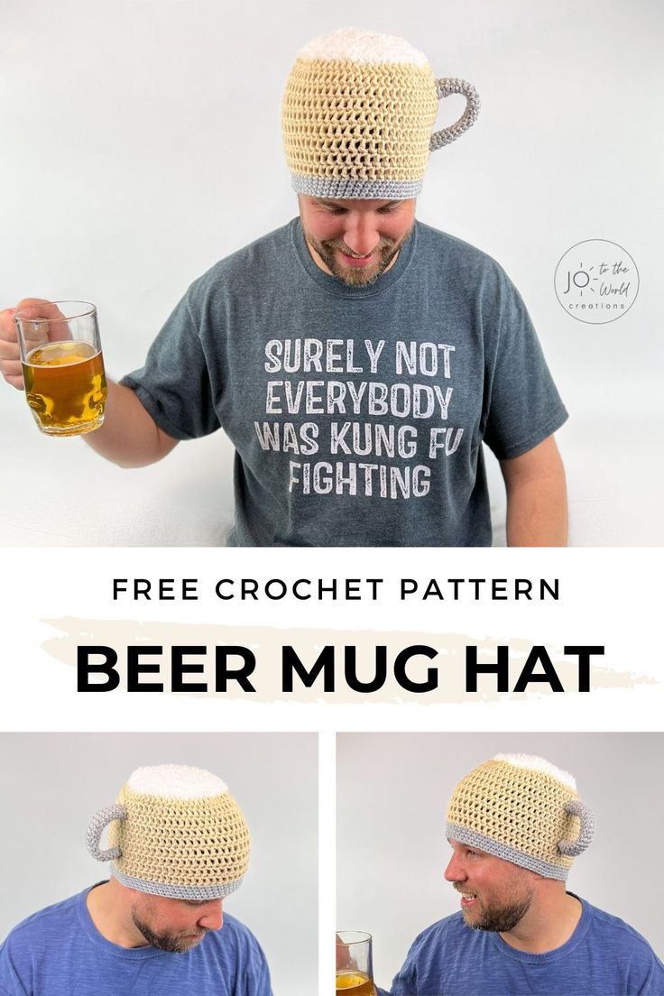 a man wearing a crochet hat holding a beer