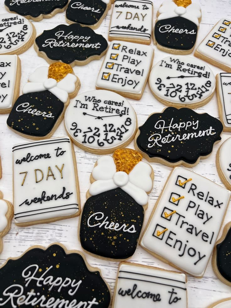 decorated cookies with happy retirement written on them