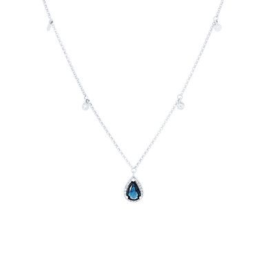 This stunning contemporary design features a pear shape sapphire weighing 0.88 carats surrounded by round brilliant cut diamonds totaling 0.12 carats. Sapphire Diamond Teardrop Pendant Necklace, Diamond Teardrop Pendant Necklace With Sapphire, Sapphire Teardrop Pendant Necklace With Diamonds, Blue Pear-shaped Diamond Necklace, Teardrop Gemstone Diamond Necklace, Teardrop Diamond Necklace With Sparkling Stones, Blue Diamond Teardrop Necklace, Teardrop Diamond Necklace With Gemstone Accents, Diamond Teardrop Necklace With Gemstone Accents