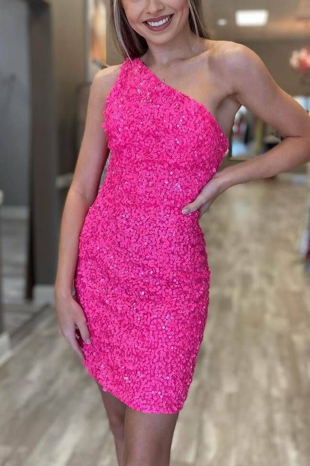 One Shoulder Hot Pink Sequins Tight Party Dress – Modsele Vestidos Color Fucsia, Uk Prom Dresses, Neon Prom Dress, Sequin Short Dress, Homecoming Dresses Sparkly, Sequin Homecoming Dress, Sparkly Prom Dress, Mini Prom Dresses, Prom Dresses 2023