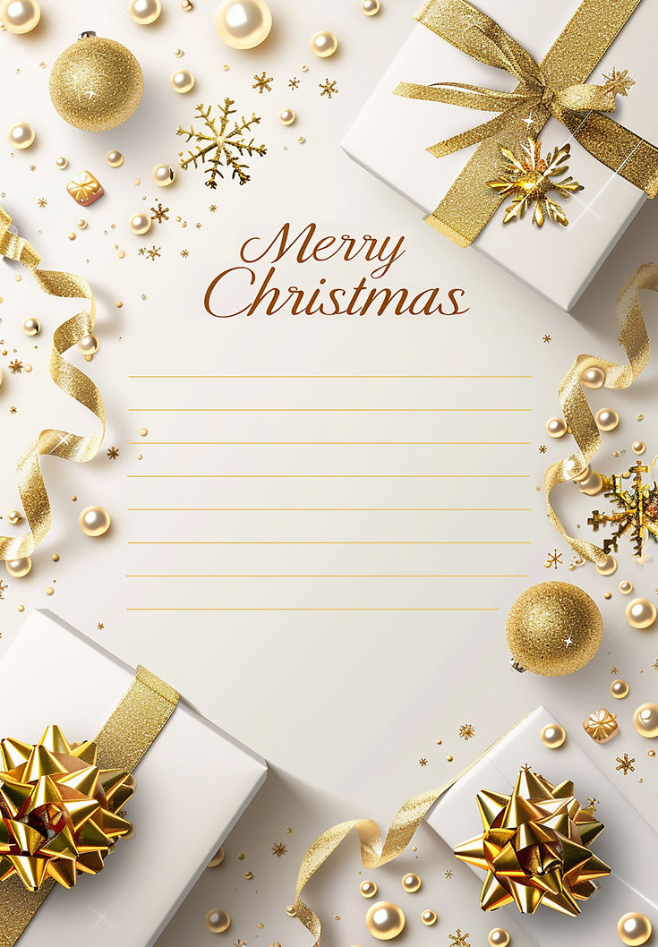 a white and gold christmas card with presents on it, surrounded by golden ribbons and bows