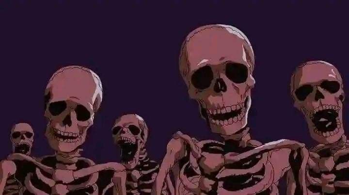 three skeletons are standing in a row with their arms around each other