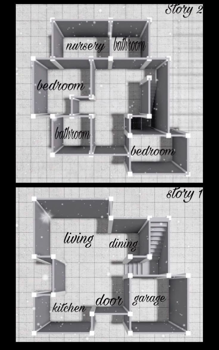 two different views of the same room with stairs and other rooms in it, all labeled