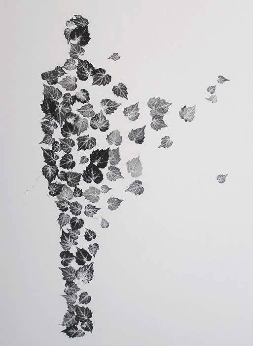 a drawing of a person surrounded by leaves and butterflies in black and white, on a light grey background