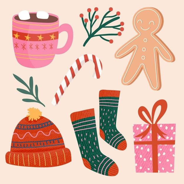 an illustration of christmas items including socks, candy canes and gingerbread on a pink background