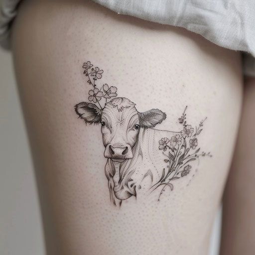 Innovative Cow Tattoo Files Cute Cow Tattoos For Women, Animal And Plant Tattoo, Cow Ear Tag Tattoo, Animal Tattoos Patchwork, Sunflower Cow Tattoo, Cow Hoof Tattoo, Cattle Tattoos For Women, Cow Tattoo Realistic, Chicken Line Tattoo