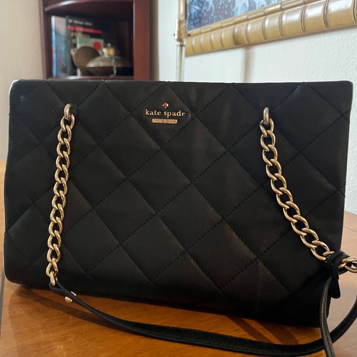 Large Quilted Black Kate Spade Handbag. Excellent Condition Kate Spade Formal Shoulder Bag With Chain Strap, Formal Kate Spade Shoulder Bag With Chain Strap, Luxury Kate Spade Clutch Bag, Kate Spade Formal Bag With Chain Strap, Luxury Kate Spade Bag With Chain Strap, Kate Spade Formal Soft Leather Bags, Formal Kate Spade Soft Leather Bag, Kate Spade Black Pouch Shoulder Bag, Chic Kate Spade Pouch Shoulder Bag