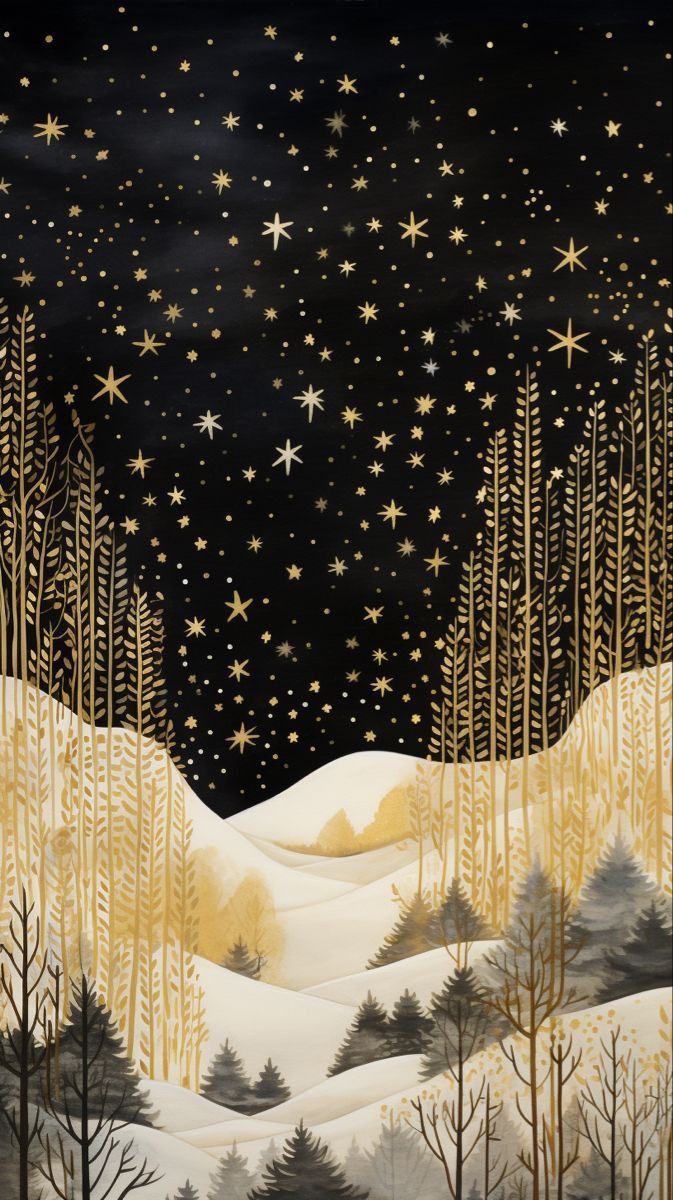 the night sky is filled with stars and trees, as if it were snowing