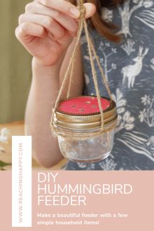 a woman holding a jar with a bird in it and the text diy hummingbird feeder make a beautiful feeder with a few simple household items