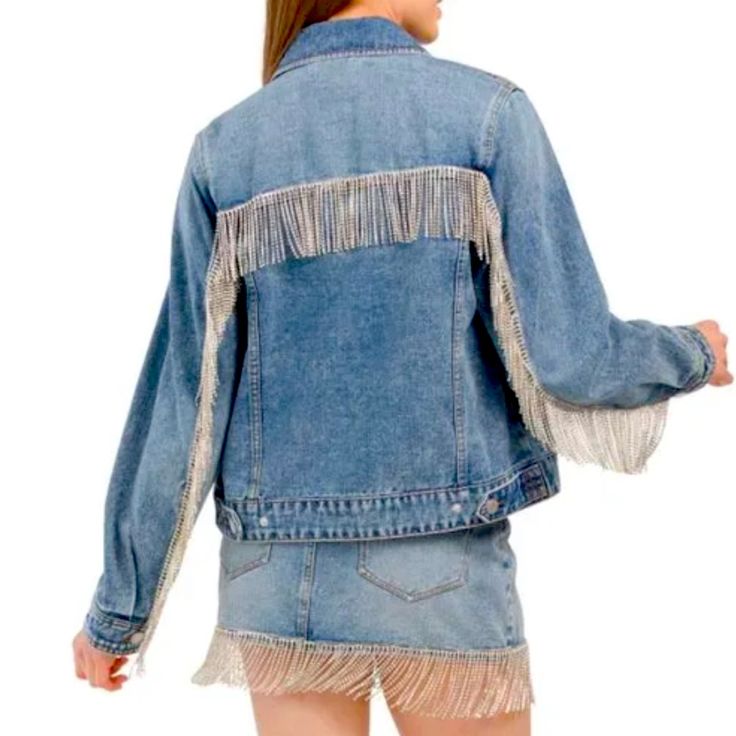 Worn Once Spring Denim Jacket With Fringe, Long Sleeve Denim Jacket With Rhinestone Fringe, Casual Denim Jacket With Rhinestone Fringe, Casual Long Sleeve Denim Jacket With Rhinestone Fringe, Trendy Denim Jacket With Rhinestone Fringe For Fall, Trendy Spring Denim Jacket With Rhinestone Fringe, Casual Denim Jacket With Rhinestone Fringe For Fall, Denim Outerwear With Rhinestone Fringe For Fall, Fall Denim Outerwear With Rhinestone Fringe