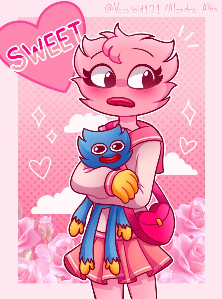 a cartoon character holding a cat in her arms with the word sweet on it's chest