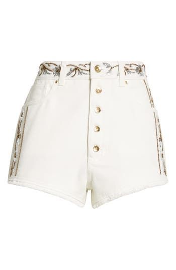 Beading and sequins frame these high-waisted cotton shorts with brand-signature texture and shine. 2" inseam; 24" leg opening; 12 1/2" front rise; 14 1/2" back rise (size 29) Exposed-button fly Five-pocket style 100% cotton Hand wash, line dry Made in Italy Designer Clothing Chic Embroidered Short Length Shorts, Embellished Jean Shorts For Summer, Embellished Shorts For Spring, Chic Embellished Shorts, Embellished White Bottoms For Summer, Summer White Embellished Bottoms, White Embellished Bottoms For Summer, Embellished High Waist Bottoms For Summer, Embellished Cotton Bottoms For Summer