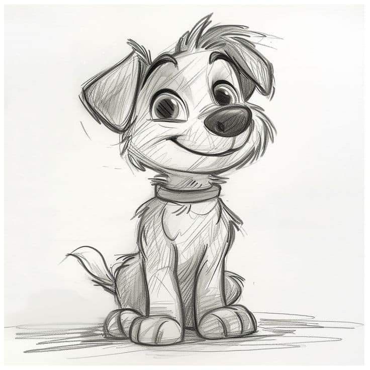 a drawing of a dog sitting down with his head turned to look like he's smiling