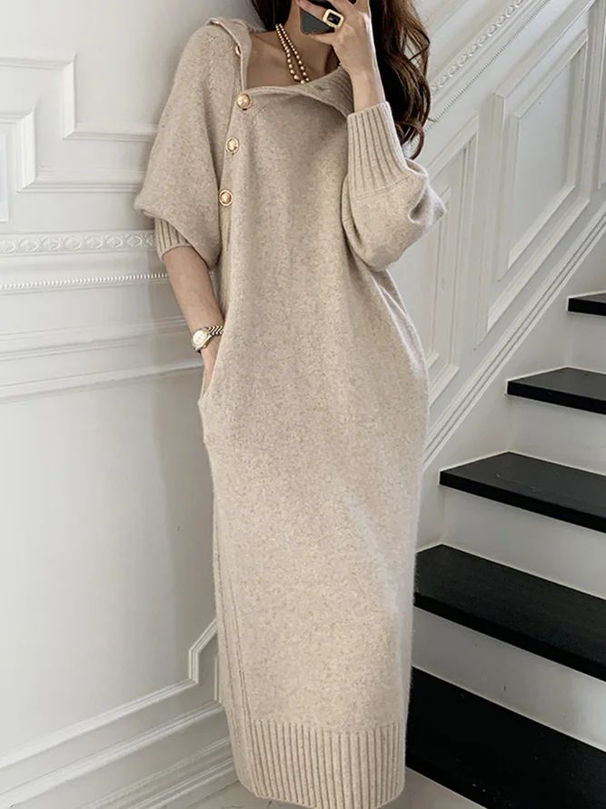 Long sleeve Loose Elegant Plain Midi Dress | stylewe Plain Midi Dress, Sweater Dress Women, Loose Outfit, Maxi Knit Dress, Long Sleeve Turtleneck, Turtle Neck Dress, Knit Sweater Dress, Knit Midi Dress, Long Sleeve Midi Dress