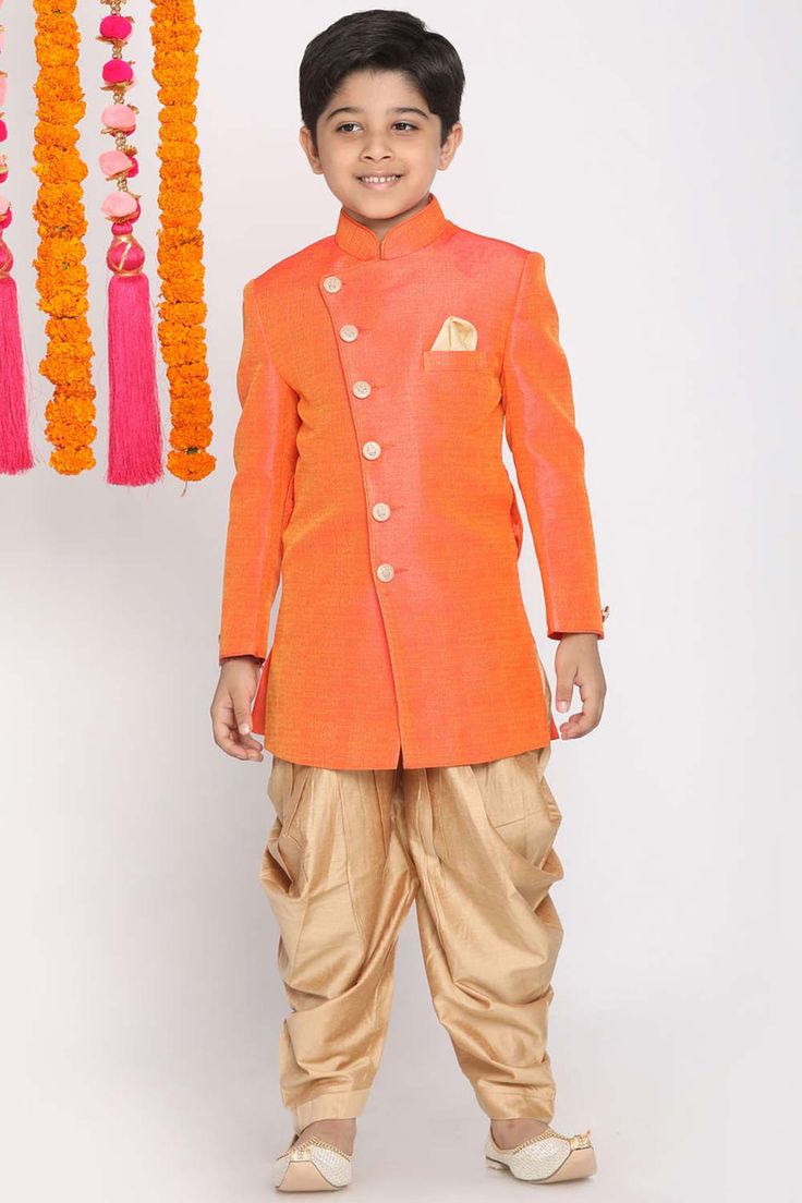 Buy Boy's Jute Cotton Solid Indowestern Sherwani Set in Orange Dhoti Sherwani, Indowestern Sherwani, Rose Gold Top, Festive Wedding, Dhoti Pants, Utsav Fashion, Cotton Bottoms, Gold Top, Color Art