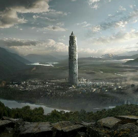 an artist's rendering of a tall tower on top of a mountain