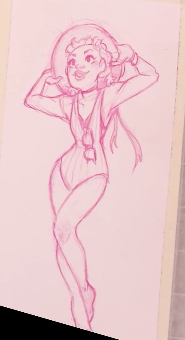 a drawing of a woman in a bathing suit with her hands on her head and arms behind her head