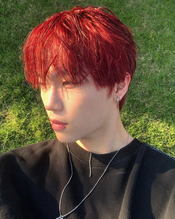 Leo.wz Grunge Hairstyles Short, Red Hair Wallpaper, Kpop Short Hair, Blood Red Hair, Korean Boy Hairstyle, Hair Wallpaper, Red Hair Boy, Boys Colored Hair, Red Hair Men