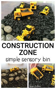 the construction zone is made out of rocks and black stones with yellow trucks on them