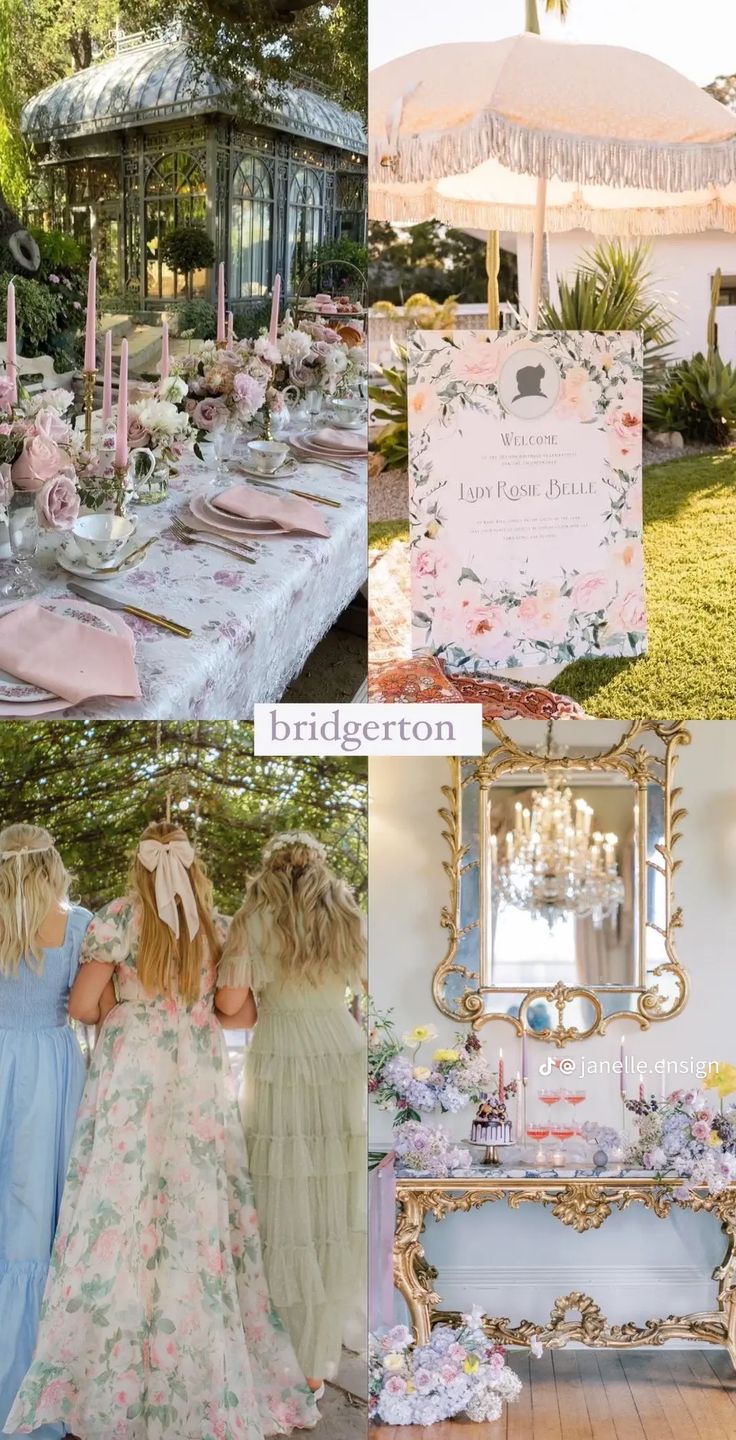 a collage of photos with pink and blue flowers on them, including a table set up for a tea party