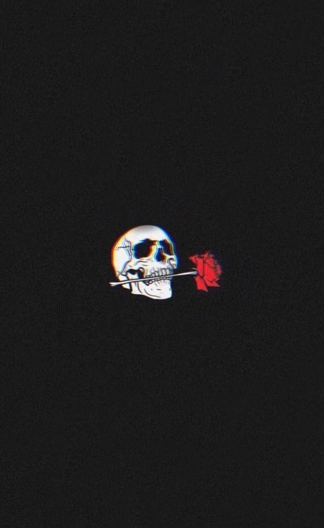 a skull with a red rose in its mouth is seen through the dark night sky