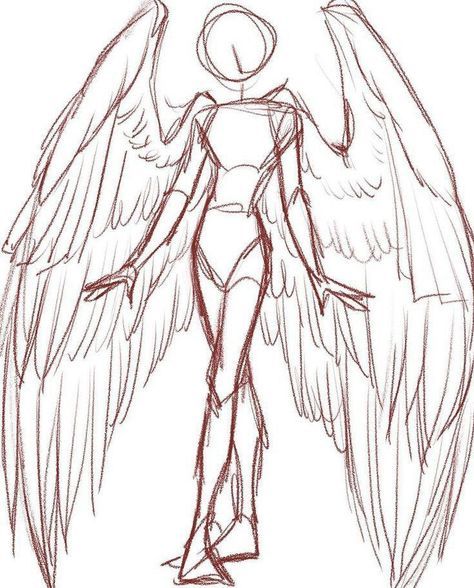 a drawing of an angel standing with its wings spread out and the head turned to the side