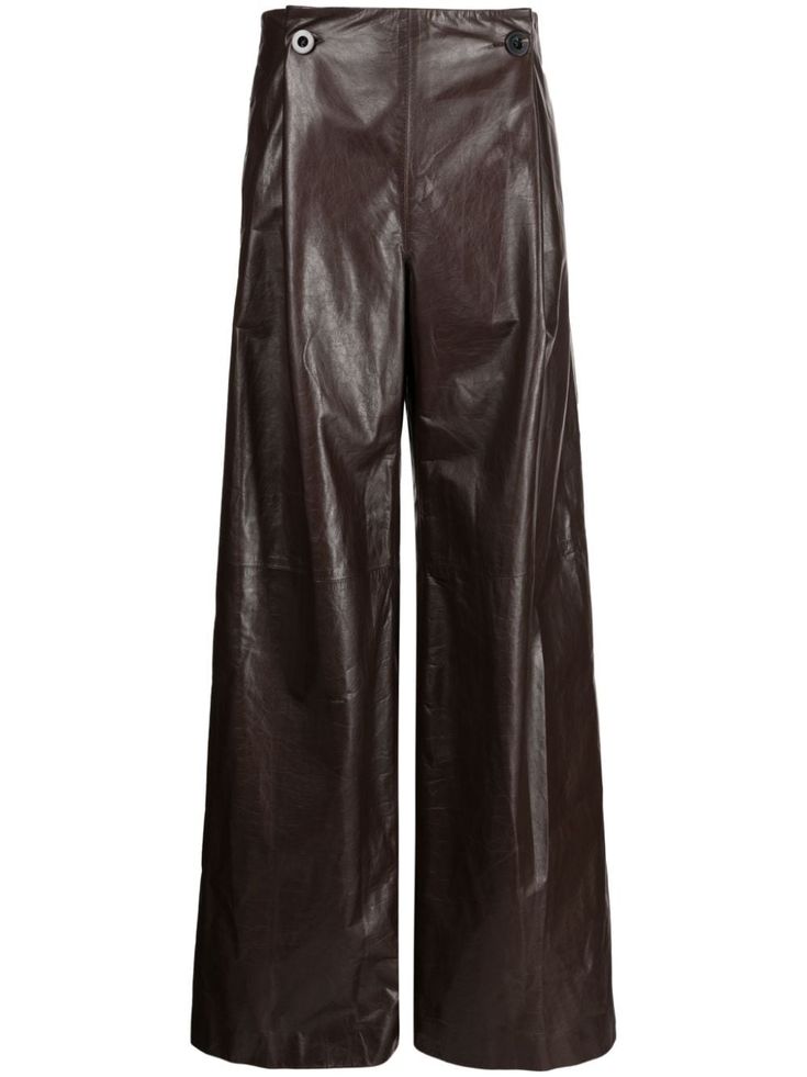 chocolate brown calf leather pleat detailing wide leg mid-rise double-breasted button fastening zip fastening two side inset pockets Brown Wide Leg Leather Bottoms, Brown Leather High-waisted Pants, Luxury Brown Workwear Bottoms, High-waisted Brown Leather Pants, Formal Brown Wide Leg Pants With Belt Loops, Luxury Brown Bottoms For Workwear, Brown Wide Leg Straight Pants For Office, Luxury Brown Workwear Pants, Chic Brown Wide Leg Pants With Belt Loops