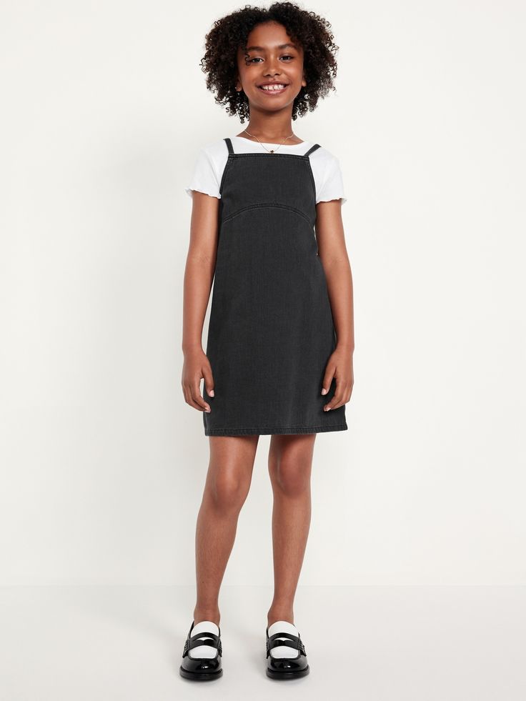 crew neck short sleeves lettuce-edge cuffs dress has square neck and spaghetti straps smocked at center back t-shirt: relaxed fit and hits at waist dress: relaxed fit and hits approx.  above knee model is approx.  4’5” and wears size m (8)machine wash according to the care instruction label