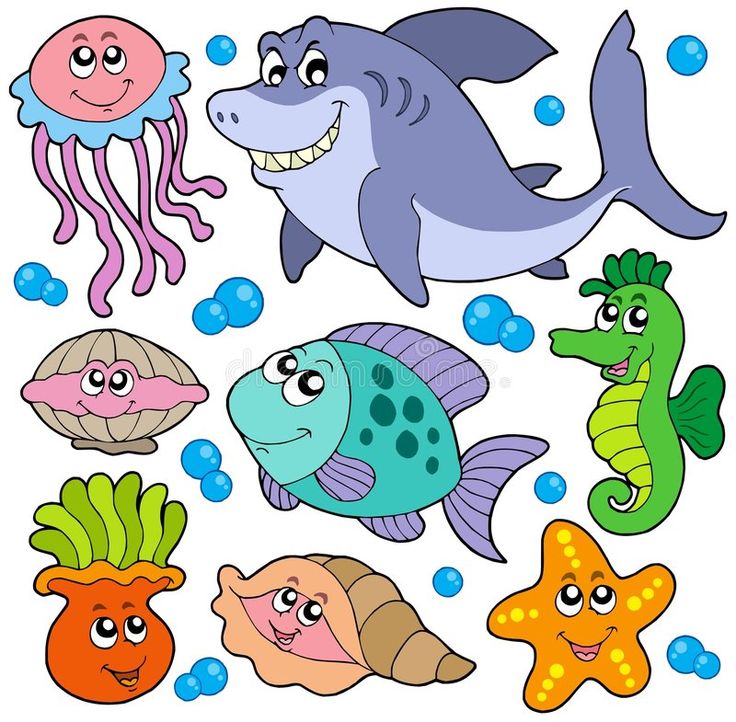 an assortment of cartoon sea animals with bubbles