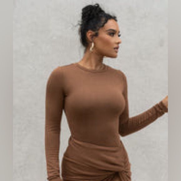 Jluxlabel Chocolate Luanne Bodysuit Xxl Thick Material. Little Stretch Chic Brown Bodysuit For Fall, Brown Bodysuit For Night Out In Fall, Brown Fall Bodysuit For Night Out, Brown Long Sleeve Bodysuit For Night Out, Chic Brown Fitted Bodysuit, Wrap Skirt Outfit, Knotted Skirt, Knot Skirt, Side Cutout Dress