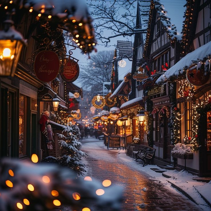 a snowy street with christmas lights and decorations