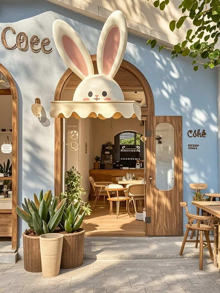 the entrance to coffee shop with bunny ears on it