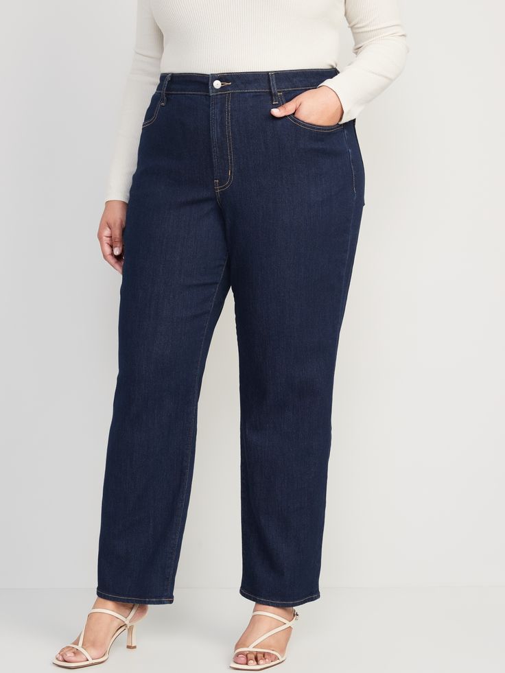 button front belt loops zip fly front scoop pockets back patch pockets sits at belly button snug hip and thigh loose leg 30 1/2" regular inseam 28 1/2" petite inseam 34 1/2" tall inseam models are approx.  5'9" and wear sizes s (4), l (12), and xl (18)Machine wash cold, tumble dry low.  spandex 1% cotton 62% recycled cotton 7% recycled polyester 30% Relaxed Fit Jeans With Pockets And 5-inch Inseam, Straight Denim Blue Bottoms With Pockets, Medium Wash Straight Fit Bottoms With Belt Loops, Straight Denim Bottoms With Button Zip Fly, Medium Wash Straight Bottoms With Pockets, Mid-rise Dark Wash Pants With Zip Fly, Dark Wash Mid-rise Pants With Zip Fly, Dark Wash Mid-rise Straight Fit Pants, High Waist Straight Fit Bottoms With Belt Loops