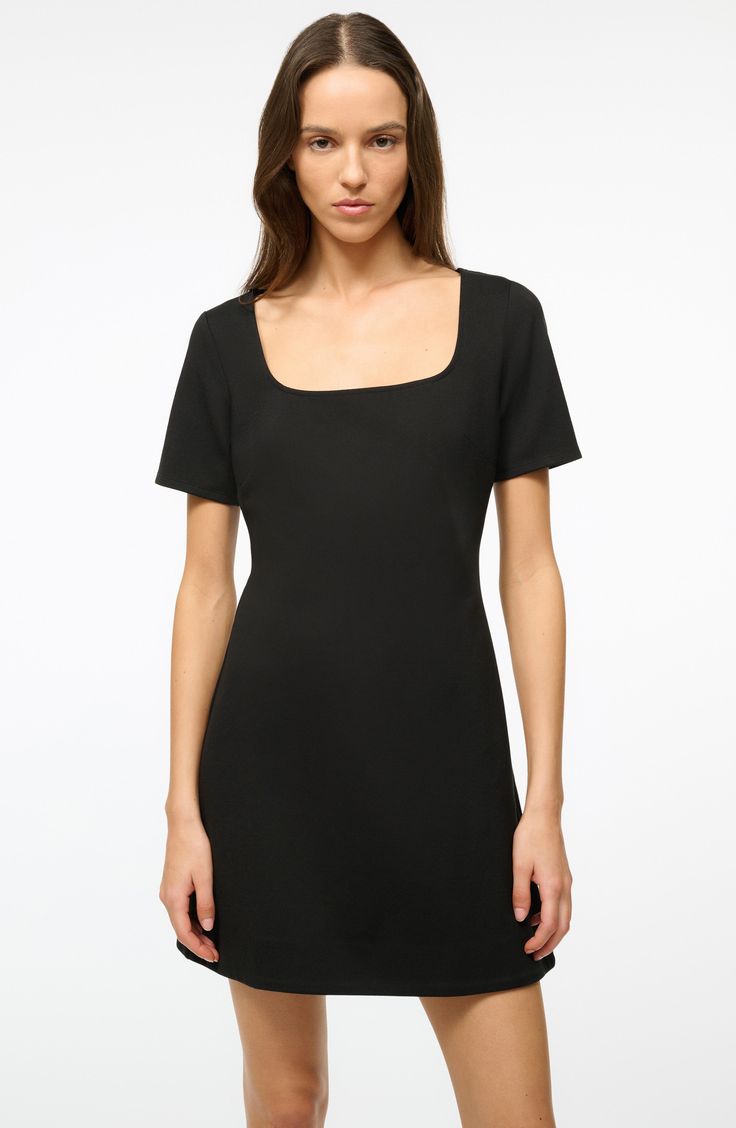 Go for timeless and versatile style in this LBD cut in an abbreviated length with a chic back cutout. 32 1/2" length (size Medium) Hidden back-zip closure Square neck Short sleeves 68% rayon, 27% nylon, 5% spandex Dry clean Imported Lbd Dress, Contemporary Accessories, Womens Cocktail Dresses, Dress Home, Designer Clothes For Men, Comfortable Dress, Toddler Girl Outfits, Women's Summer Fashion, Versatile Style