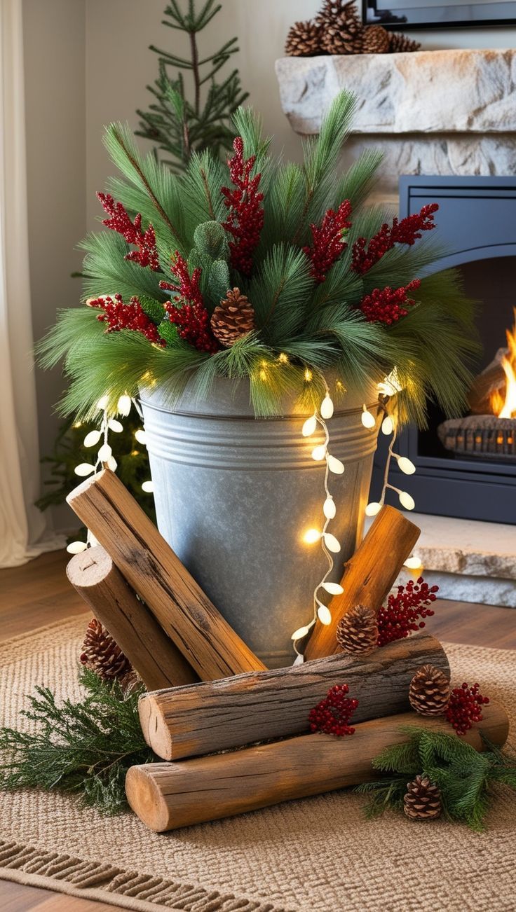 a potted plant sitting on top of a rug next to logs and christmas lights