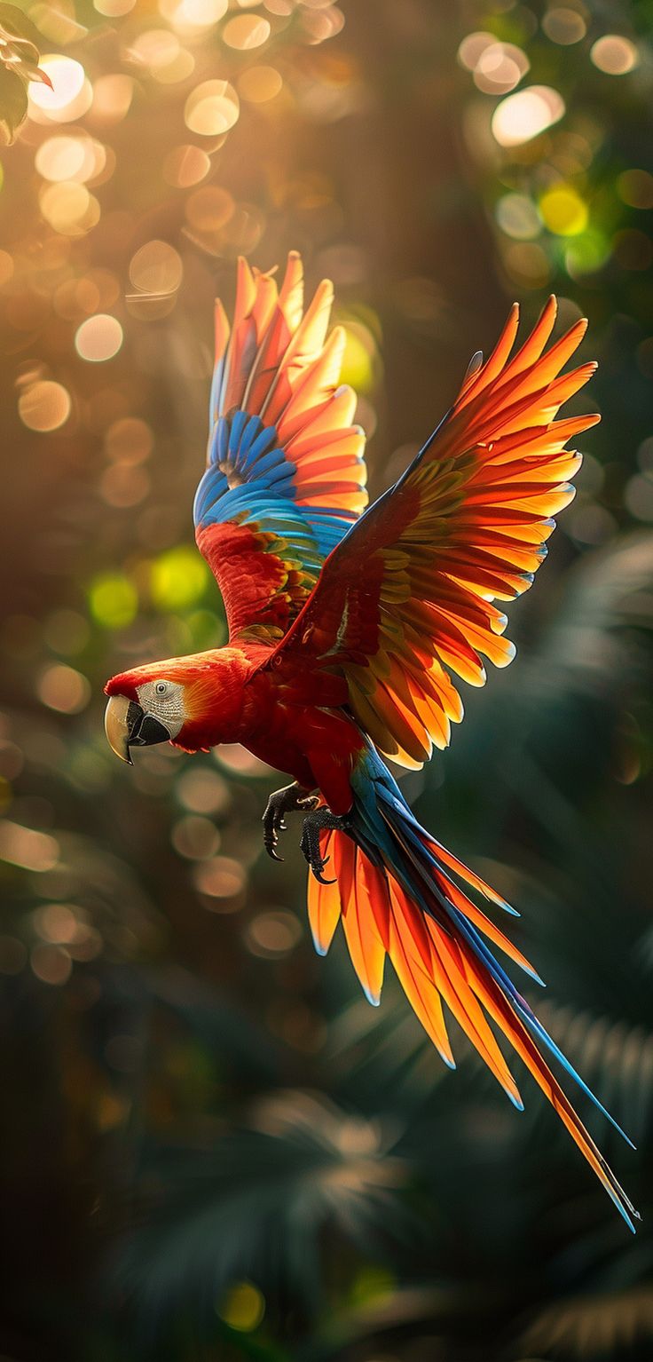 a red and blue parrot flying through the air