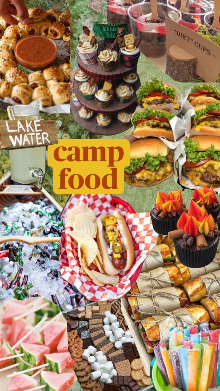 a collage of pictures with food and drinks on it that include sandwiches, hotdogs, watermelon, marshmallows