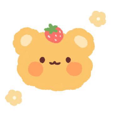 a yellow teddy bear with a strawberry on top of it's head and eyes