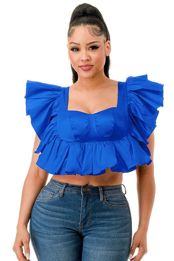 Back zip closure back ties detailing Chic Cropped Ruffle Crop Top, Cropped Ruffle Blouse For Day Out, Cropped Ruffled Blouse For Day Out, Chic Ruffled Crop Top For Spring, Chic Cropped Hem Crop Top For Summer, Fitted Cropped Ruffle Blouse, Cropped Padded Blouse Crop Top For Party, Ruffled Crop Top For Day Out, Cropped Ruffle Tops For Party