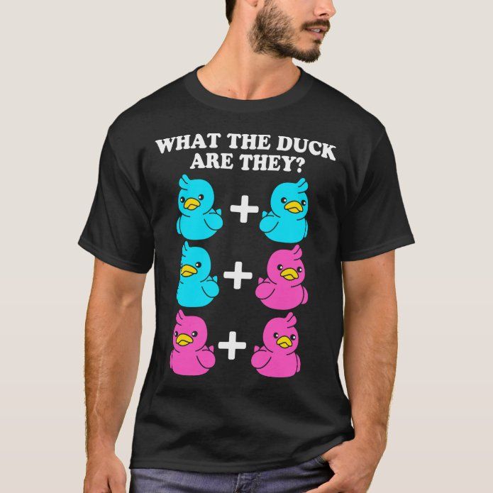 a man wearing a t - shirt that says, what the duck are they?