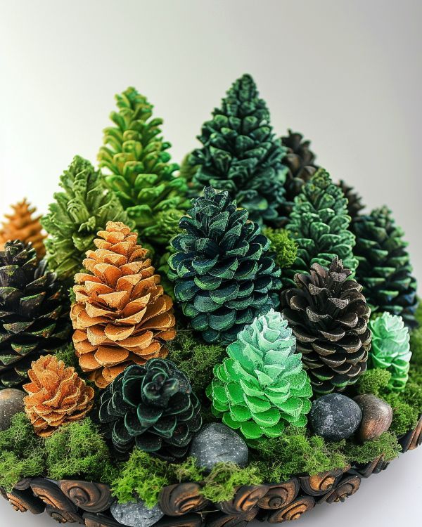 a group of pine cones sitting on top of green moss