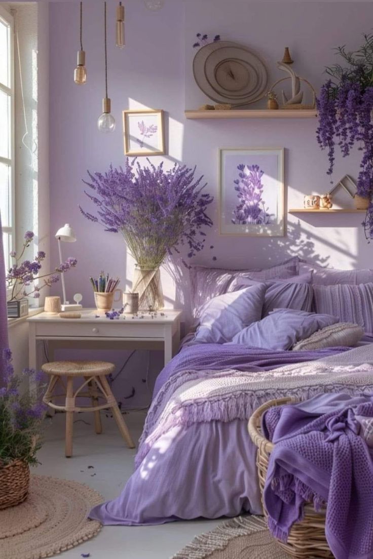 a bedroom with lavender colored walls and wicker baskets on the floor, along with purple bedding