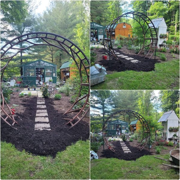 several pictures of various stages of gardening in the garden, including an arch and steps