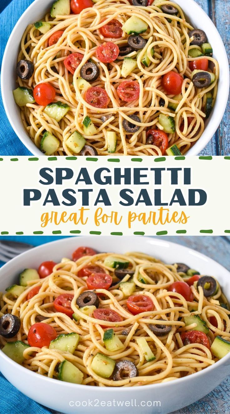 spaghetti pasta with tomatoes, zucchini and olives in a white bowl on a blue napkin