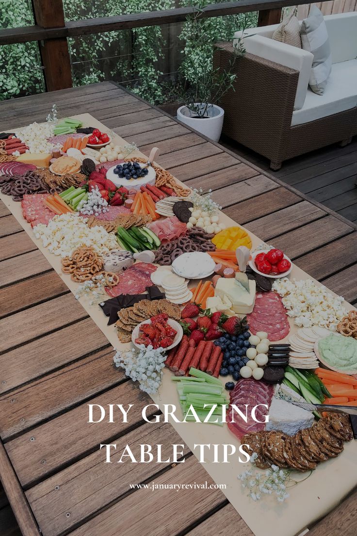 Image of colour, tasty grazing table with an assortment of sweet and savoury food and snacks. The text overlay says 'DIY grazing board tips'. Grazing Table Runner Ideas, Grazing Table Greenery, Buffet Platters Ideas, Grazing Table For 15, Chip And Dip Grazing Table, 40th Birthday Platter Ideas, Simple Grazing Table Ideas Diy, Grazing Table For 15 People, Grazing Table Step By Step